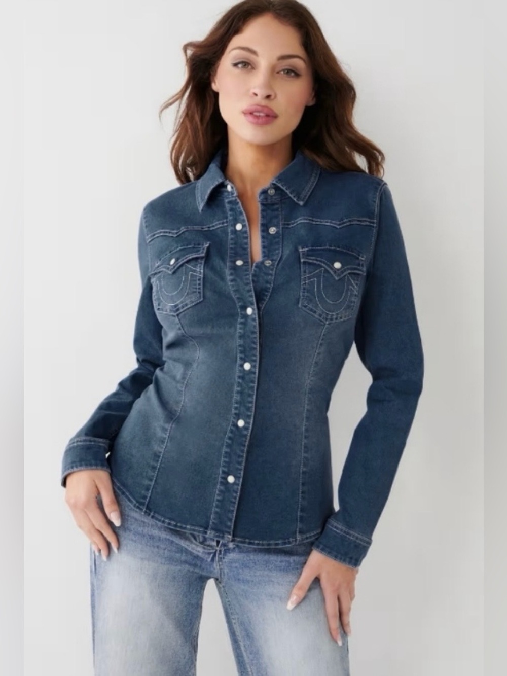 True Religion Western Denim Pearl Snap Shirt Women’s Small Blue Horseshoe Y2K